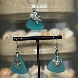 Aqua Beach Glass Vacation Earrings + Necklace Full Set